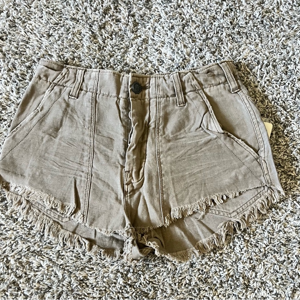 Free People Tan High Waist Frayed Hem Shorts